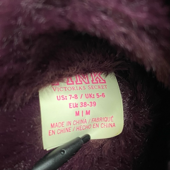 Pink Victorias Secret Slippers Purple Fuzzy Slides Silver Dog Logo Medium SZ 7-8 - Picture 9 of 9